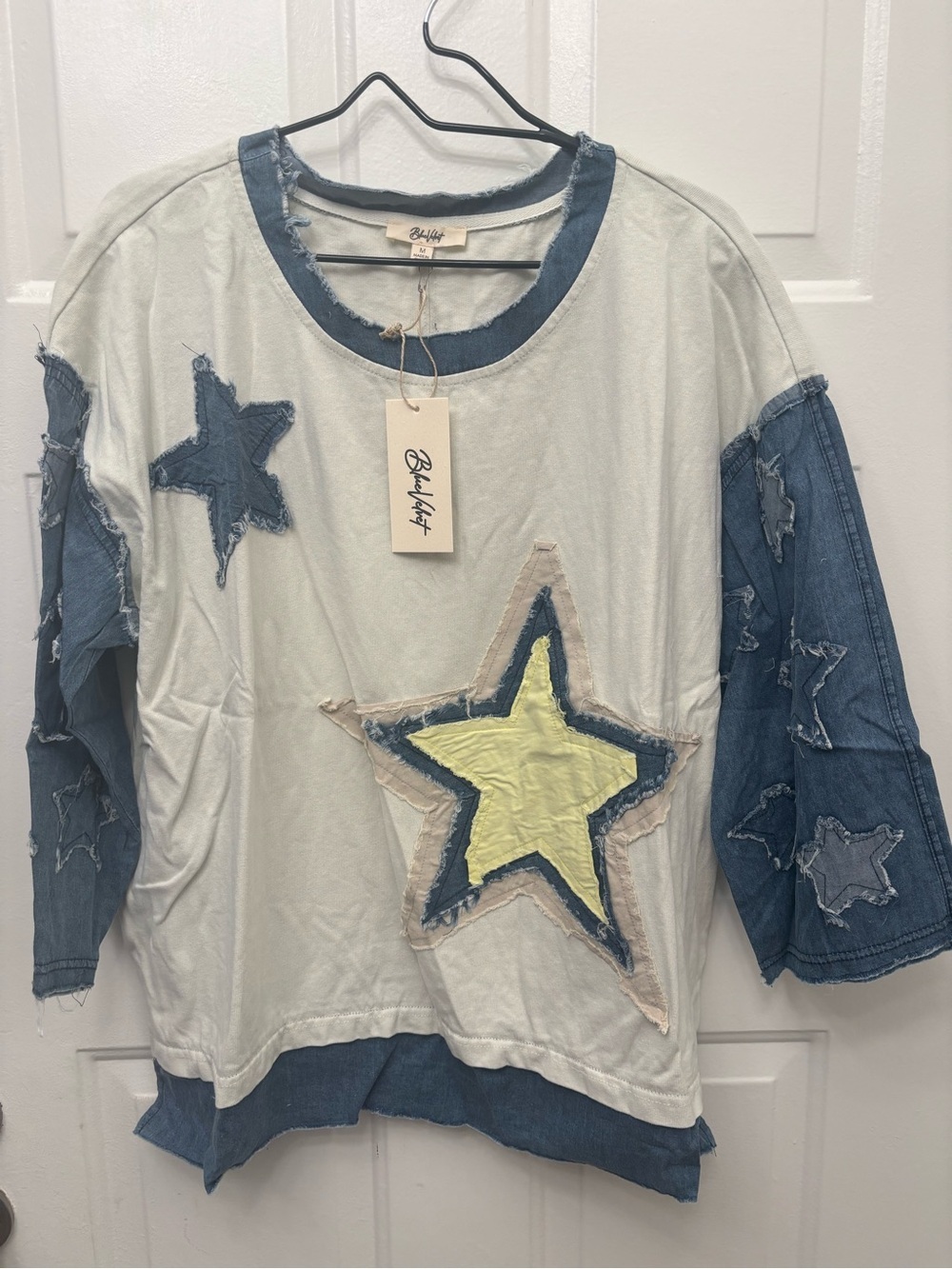 Blue Velvet Sleeve Star Appliqué Crewneck Sweater - Pale Yellow & Denim